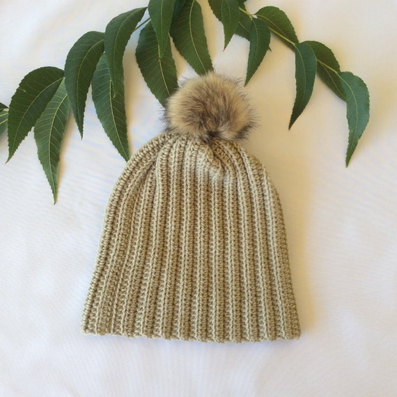 Beige Crochet Ribbed Beanie With Faux Fur Pom Pom, Crochet  display picture 2