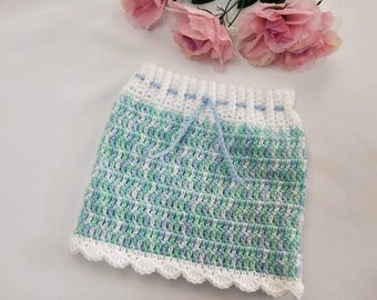 Falda crochet azul verde y blanca con borde festoneado talla 9 a 12 meses, falda crochet, falda bebe verde, regalo para bebe