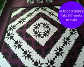 Barn star quilt, Barn red Log Cabin quilt with stars, Mahogany Rustic patchwork Amish, Farmhouse quilt king, Handed quilt for Birthday gift