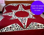 Currant Quilt, Amish style Handmade Quilted Queen King, Burgundy homemade quilts, Hand made quilt, Appliqued flower bedspread