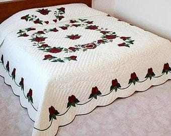 Op bestelling gemaakte roos van hart hand appliqué quilt, rode bloem katoenen quilt sprei, bloemen beddengoed, slaapkamer decor, koningin van Californië koning
