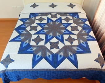 Stars All Around Amish style custom quilt, Star patchwork quilt, Queen- Cal King bed cover, Blue & white bedspread, Elegant bedroom decor