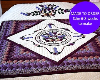 Rose of Sharon Amish style King Quilt, Queen size rose quilts, Purple flower bouquet pattern, Amish style Appliqued handmade quilt cover