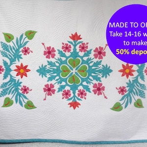 CUSTOM Hawaiian applique quilt king, Hibiscus & Anthurium hand applique Hawaiian quilt, Custom Hawaiian quilt queen Anthurium Hibiscus décor