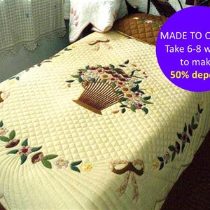 Hand Applique Flower basket CUSTOM QUILT, Handmade quilt queen size, King size handmade quilt, California king bedspread quilt, Flower quilt