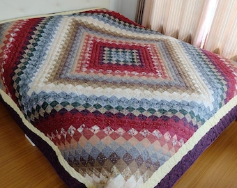 Trapunta "Viaggio intorno al mondo" realizzata a mano, misura Queen-Cal King, coperta patchwork in cotone rosso e blu, regalo di famiglia trapuntato a mano