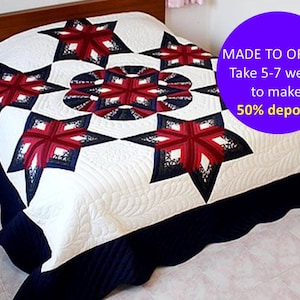 CUSTOM handmade quilt, Seven-star quilt bedspread, Amish patchwork quilt, Homemade quilt gifts, Red and blue cotton quilt, Amish home decor