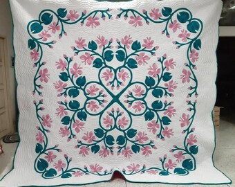 Custom Hawaiian Bedspread, Tropical Flower Bedding, Queen to Cal King size, Summer Bedroom Decor