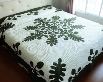 Hawaiian Appliqué Quilt Handmade, Custom Heirloom Quilt, Hand Quilted Cotton Bedspread, Made to Order Luxury Bedding Gift, Queen to Cal King