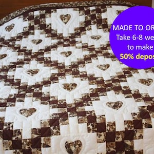 Home sweet home quilt, Country Double Irish Chain with hearts quilt, Irish chain quilt, Custom quilt blanket, Heart bedspread, Country decor