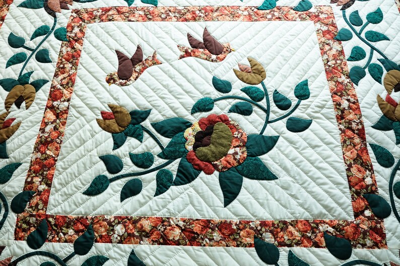 White Handed Quilt King Size Birds With Flowers Appliqued Etsy