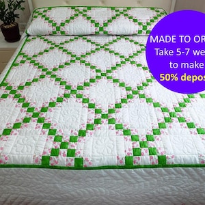 Summer Double Irish Chain CUSTOM QUILT cover, Personalized quilt gift for her, Cotton quilt blanket, Irish chain quilt Green pink hand quilt