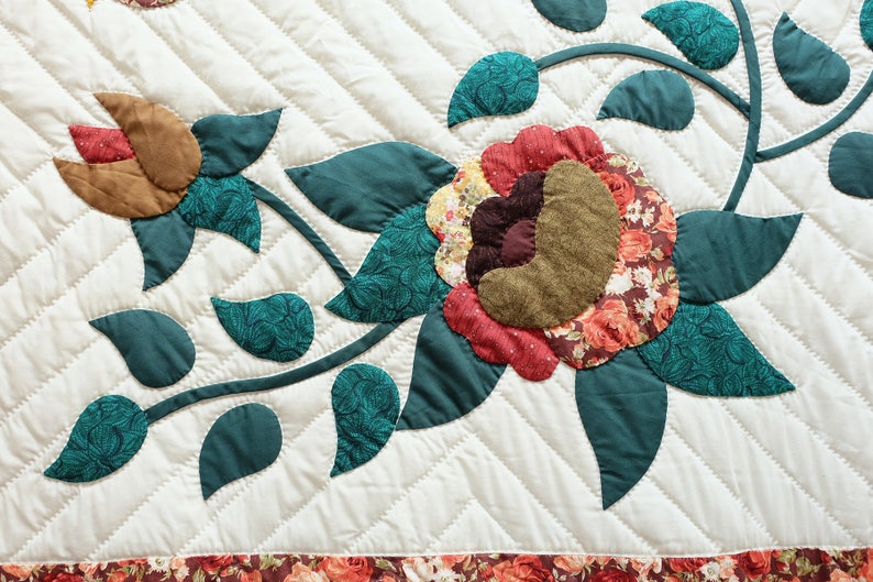 White handed quilt king size Birds with flowers appliqued Etsy