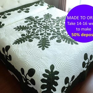 Handmade green Hawaiian Applique quilt, Bread fruit Hawaiian quilt bedspread, Tropical bedding, Heirloom quilt blanket, Forest green décor