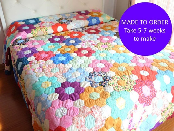 Grandmother's Flower Garden Quilt Hexagon Handmade Quilt - Etsy UK