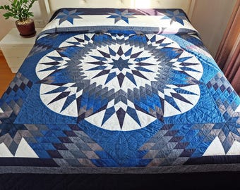 Thai quilted bedspreads, Custom handmade quilt, Mariner's Star custom quilt, Compass star quilt made to order, Navy Hand quilted quilt Decor