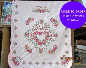Lovely spring Flower Appliqued Quilt, Floral pink Quilt, Hand stitched Amish style Handmade Quilt, Pastel quilt bedspread, quilt for sale