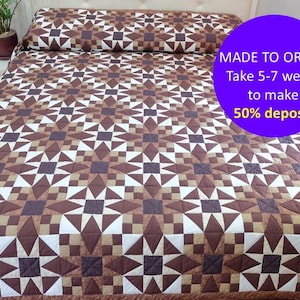 Country Rangeley Maine star quilt block, Custom Handmade quilt gift, California king quilt bedspread, Queen quilt duvet cover, Brown decor