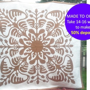CUSTOM Quilt bedspread, Brown & White handmade Quilt, Hawaiian Quilt king / queen size, Hawaiian applique quilt, Floral Hawaiian Bed cover
