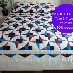 Bloque de edredón Flutterby HECHO A MANO PERSONALIZADO, colcha tamaño queen con patchwork, edredón tamaño king hecho a mano de California, edredón Amish azul, regalo para ocasiones especiales
