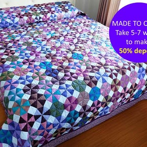 CUSTOM MADE Quilts, Kaleidoskop Quilt, Blau & lila Quilt, Queen / California King-Size Quilt Decke, handgefertigte Tagesdecke