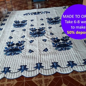 Country Bride CUSTOM Handmade Quilt, Country Bride Quilt gifts, Vintage style quilt blanket, Blue & white Amish design quilt, Bedroom decor