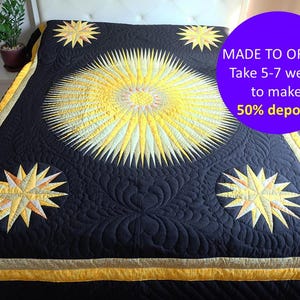 CUSTOM Black & yellow Sunburst quilt, Planet stars quilt, Patch work quilt, Boho cotton bedding, Birthday gift for him, Galaxy bedroom decor