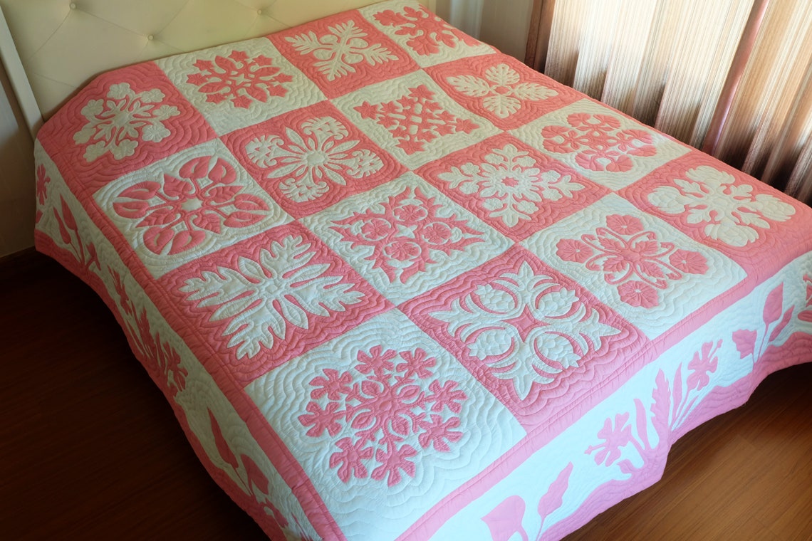Hawaiian Quilt Queen Hawaiian Quilt King Pink and White Etsy