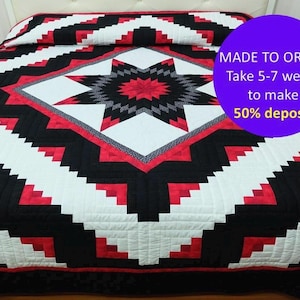 CUSTOM QUILT blanket, Lone star Log Cabin quilt, Red & black quilt Bedspread, California king size quilt, Bright quilt Handmade duvet covers