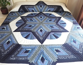 Colcha personalizada estilo country, colcha em formato de leque com padrão de cabana de toras em estrela quebrada, colcha artesanal personalizada, colcha patchwork tamanho California King, colcha tamanho Queen.