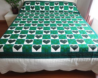 King Size Nine-Patch Heart Quilt, Hand-Appliquéd Cotton Heirloom Bedspread, Modern Farmhouse Bedroom Decor, Anniversary or Wedding Gift