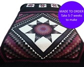 8 point star quilt, Eight pointed star in Commons Quilt, Homemade Commons star Quilt, Custom Amish homemade quilt, Purple black bedspread