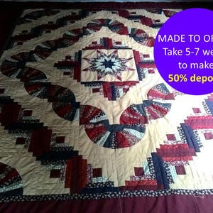 Burgundy handmade blanket, CUSTOM Log cabin Fan Quilt, Handmade bedspread quilt, Hand stitched quilt, Amish patchwork quilt, Statement decor