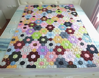 Edredón Jardín de Flores de la Abuela, Patchwork Hexagonal Estilo Amish Cosido a Mano, Ropa de Cama de Algodón Multicolor, Manta Grande Pequeña Twin Heirloque