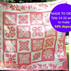 CUSTOM Traditional Sampler Hawaiian Quilt, Traditional Hawaiian Quilt, Custom quilt made to order, Handmade Sampler Quilt Pink & White Quilt