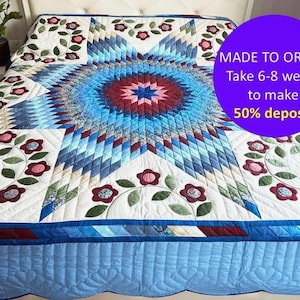 Tailored Lone Star quilt blanket: Hand-Appliquéd Flowers, Amish Patchwork Cotton Bedspread, Queen / King