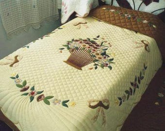 Floral Basket Appliqué Quilt, Hand Quilted Cotton Bedspread, Handmade Heirloom gift, Cottage Bedding, Custom Queen to Cal king Artisan quilt