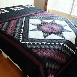 Edredón personalizado Amish Lone Star, colcha de patchwork morado y negro, ropa de cama de algodón de herencia acolchada a mano, tamaño Queen-California King, decoración Dark Academia.