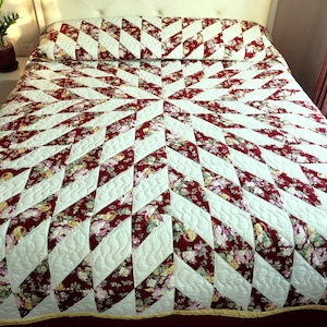 Starburst Quilt King Size, Handmade Burgundy Star Quilt, Amish Quilt on Sale, Burgundy & White Quilt Bedspread King Quilt, Discount Gifts