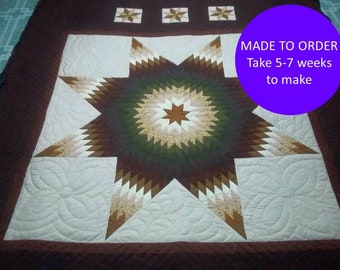 Handmade birthday gift for grandmother, Improved Lone Star Quilt, Amish Lone Star quilt bed cover, Queen bedspread, Homemade quilt king size