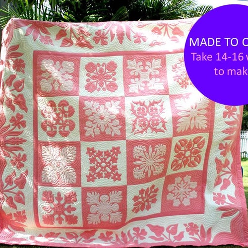 Hawaiian Quilt Queen Hawaiian Quilt King Pink and White Etsy