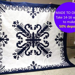 CUSTOM HAWAIIAN pattern bed cover QUILT for gift, Aloha Hawaiian appliqued Quilt, Appliqued handmade quilt, King / queen Beach custom Quilt