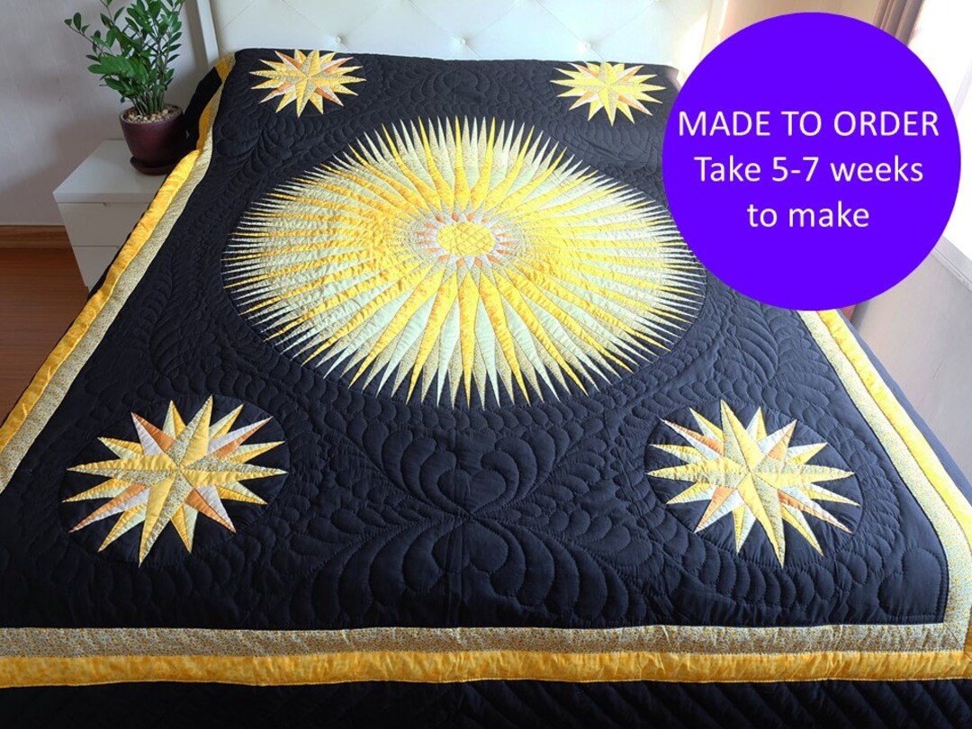 CUSTOM Black & Yellow Sunburst and Planet Stars Quilt, Sun Burst Quilt ...