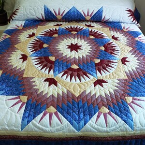 Made to Order Compass Star Quilt, Hand-Quilted Amish Style Cotton Bedspread, Bespoke Heirloom Patchwork Bedding, Queen- California King