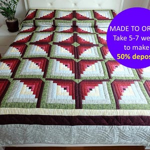 Curved Log cabin CUSTOM handmade quilt, Made to order Amish quilt bedspread, Red Log cabin quilt, Queen California King size quilt bedspread
