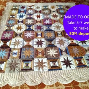Handmade quilt, Country farmhouse decor, Stars over cabin quilt, Made to order hand made king or queen quilt for Dad, Cottagecore home décor