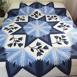 Custom Blue Broken Star Quilt, Handmade Patchwork Bedspread, Hand Applique Flower Bedding, Queen-Cal King Cotton blanket, Coastal Chic Decor
