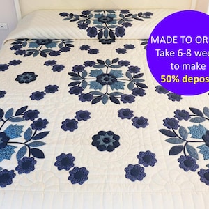 Queen Cal King Amish Quilt for beds, Handmade Blue Floral Appliqué Quilt, Floral cotton quilt, Custom cottagecore quilt, Heirloom home décor