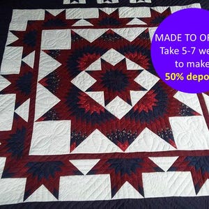 Made to order Star Rising Amish Quilt, Burgundy bed blanket, Amish handmade quilt sale, Vintage quilt, Gift for Mom & Dad, Red bedroom decor