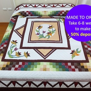 California King size spring floral quilt, Amish King quilt, Queen quilt cover, Appliqued hand quilt, Floral green quilt, Flower bed decor